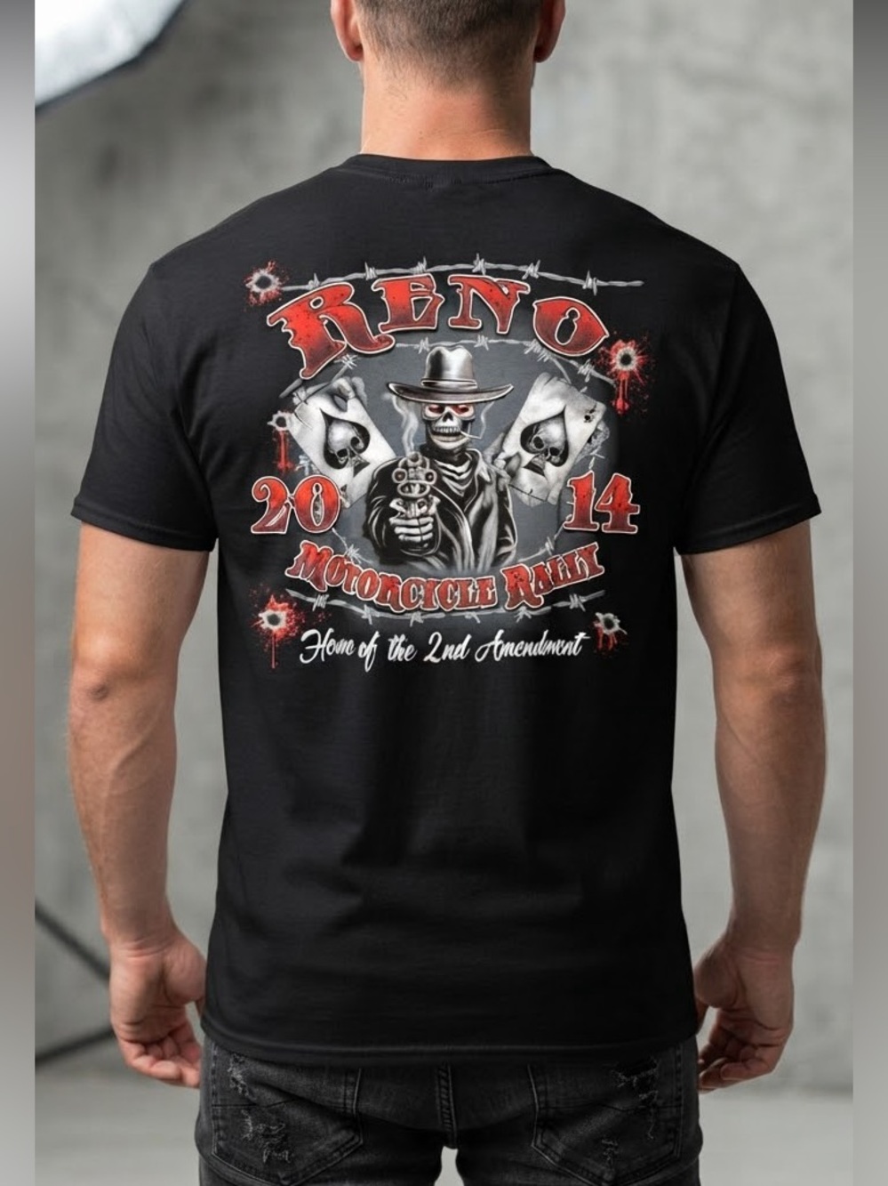 2014 Reno Motorcycle Rally Men's graphic tee shirt scull guns bullets size XL